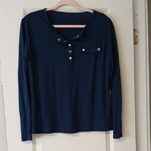 Navy Long Sleeve Henley Top with Gold Snap Detail